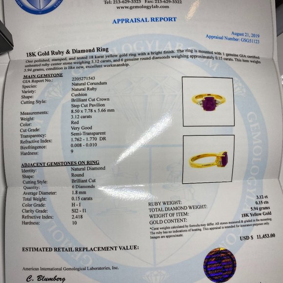 GIA Certified Ruby 3.12ct Diamonds 18K Gold Ring - Picture 8 of 9